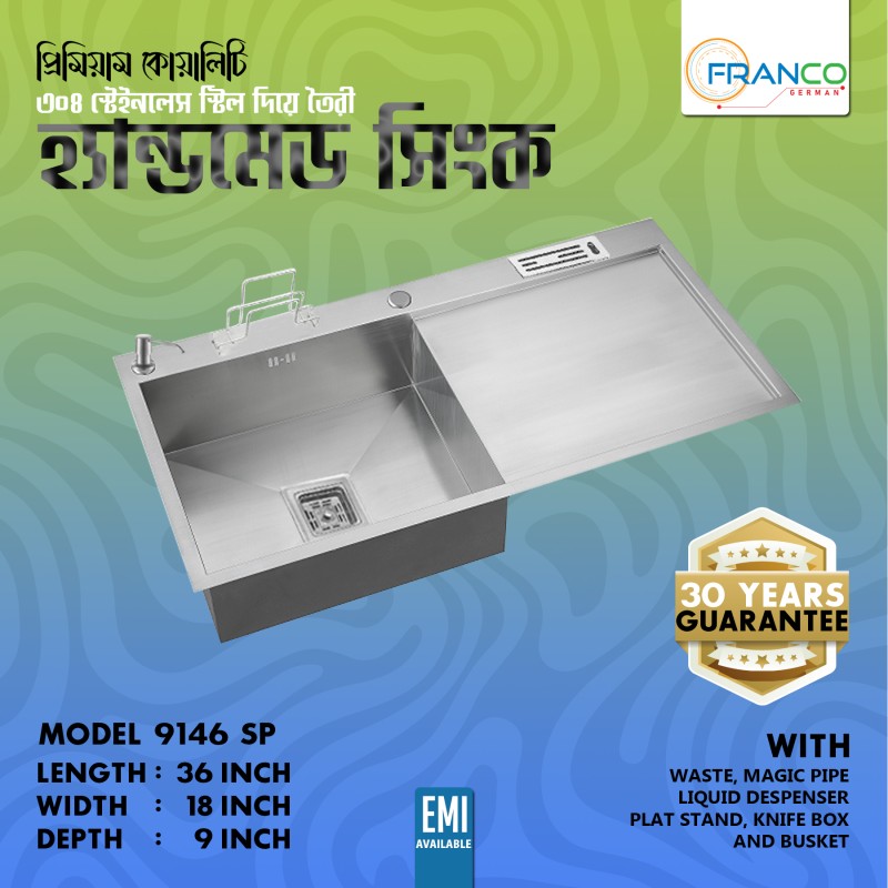 9146SP 36"X18"9'' INCH KITCHEN SINK HANDMADE SINGLE BOWL SINGLE TRAY