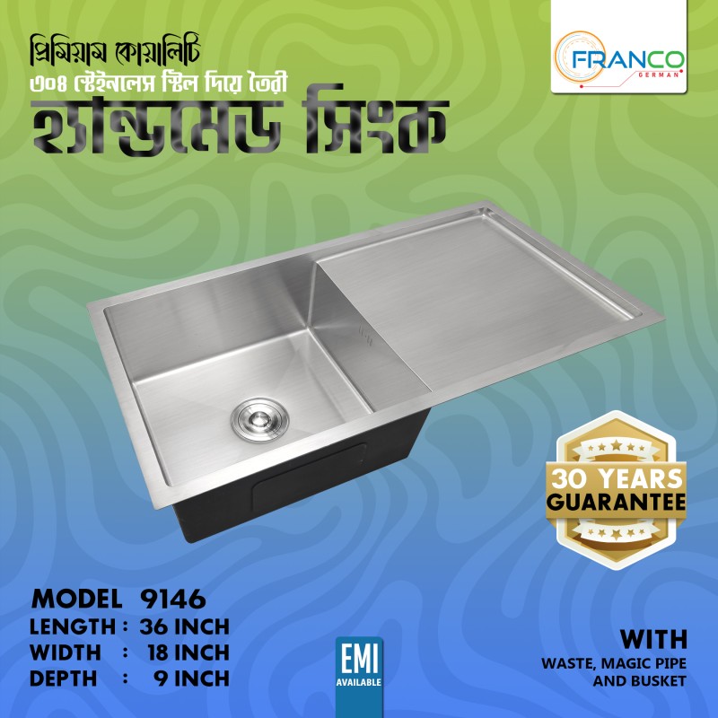 9146 36"X18"9'' INCH KITCHEN SINK HANDMADE SINGLE BOWL SINGLE TRAY