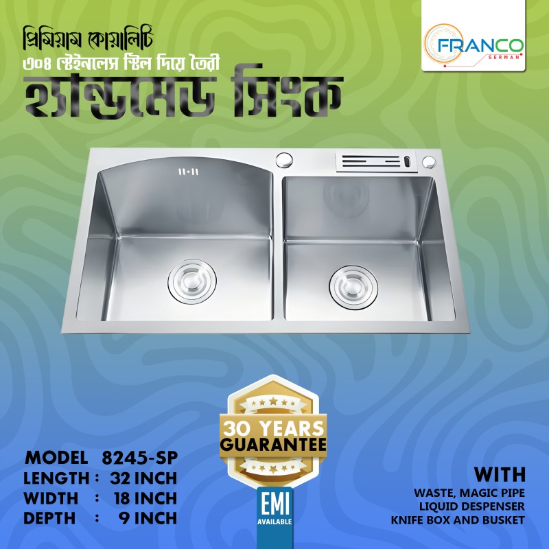 7843-A 32x18x9 INCH HIGH QUALITY STAINLESS STEEL HANDMADE DOUBLE BOWL SINK