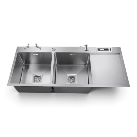0045 - 40"X18"X9'' INCH KITCHEN HANDMADE SINK PREMIUM QUALITY DOUBLE BOWL SINGLE TRAY