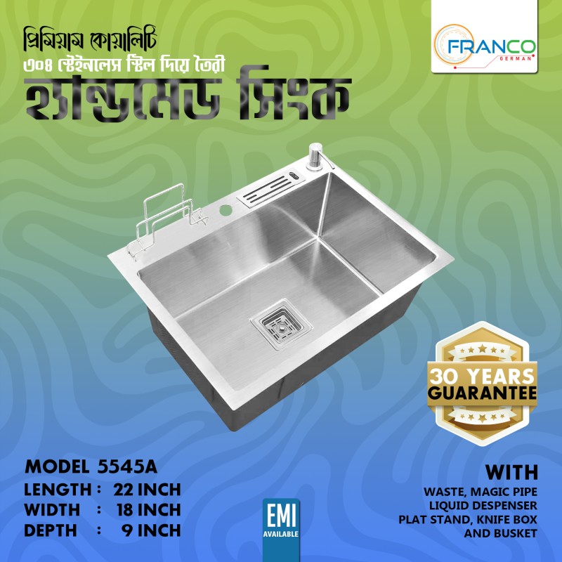 6045 24"X18"X9" INCH HIGH QUALITY MODERN STAINLESS STEEL HANDMADE SINK SINGLE BOWL